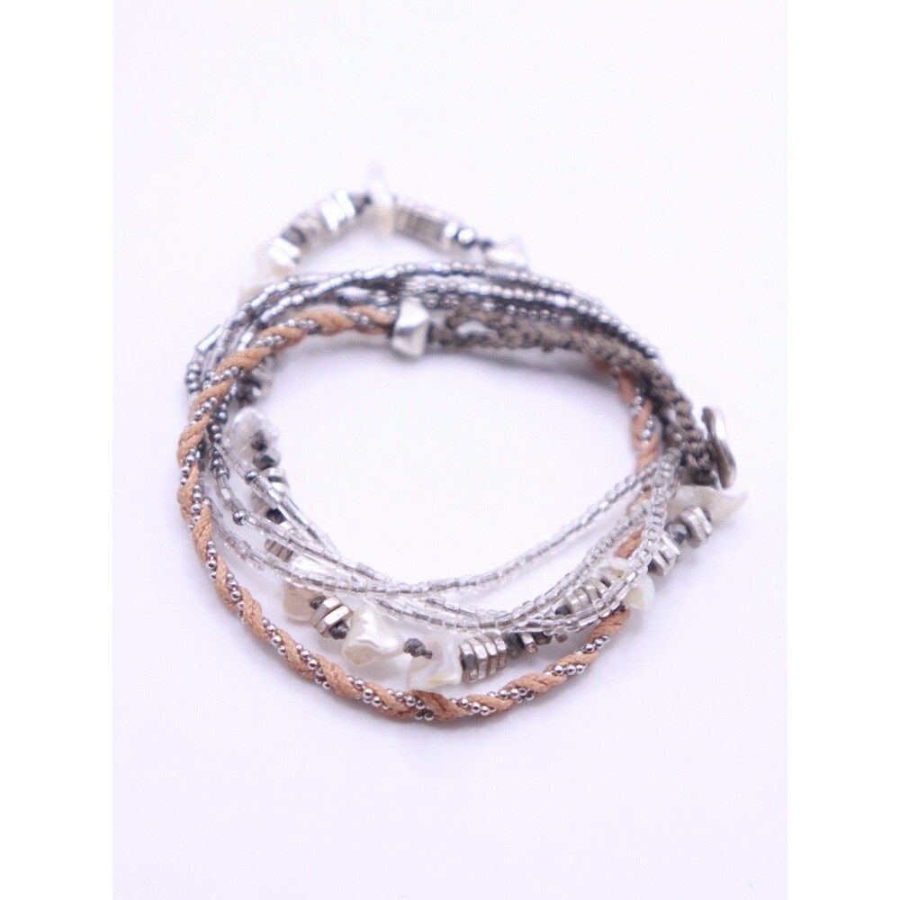 Stella & Dot Wrap Bracelet Brown Cord Metallic Copper Tone Gray Shiny Beads 21"